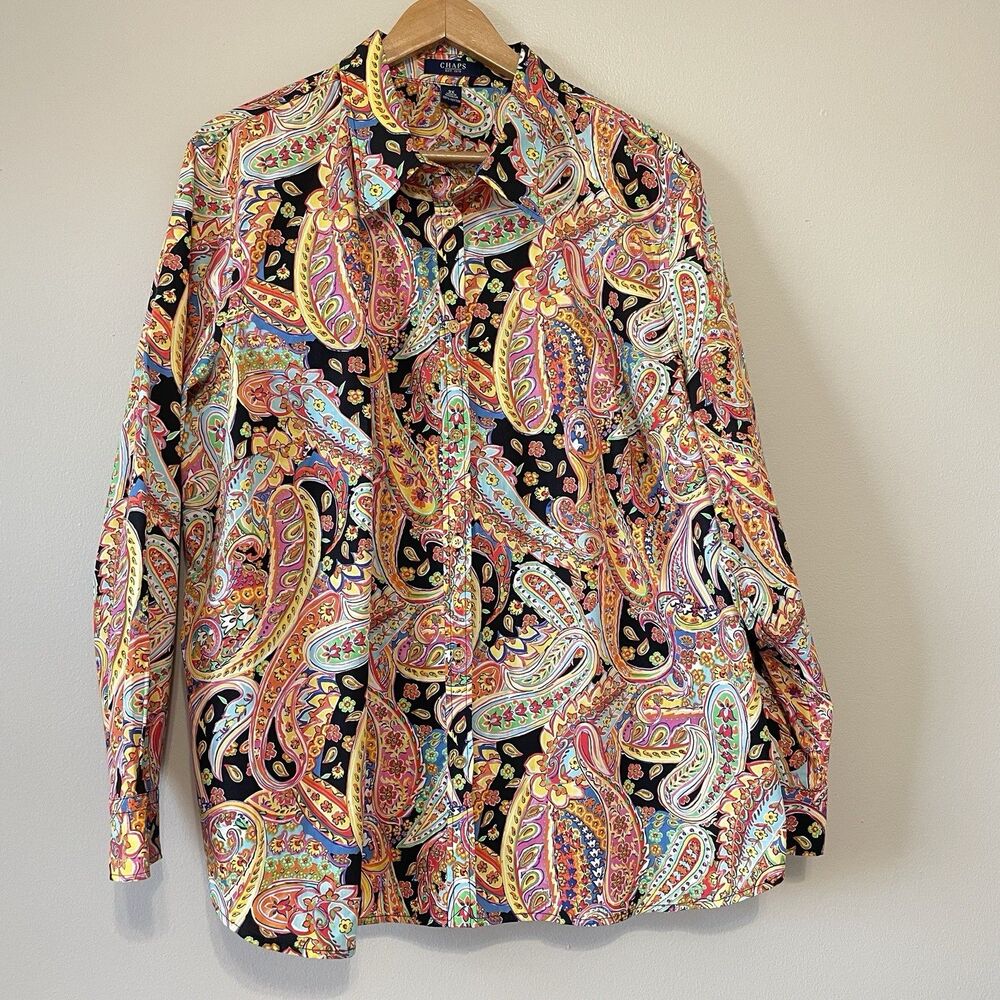 Chaps Womens No Iron Button Up Top Size 3X Long Sleeve Paisley Artsy Office